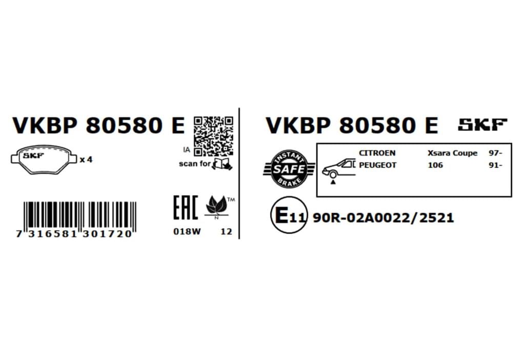 Jeu de 4 plaquettes de frein SKF ref. VKBP 80580 E